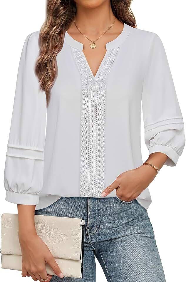 Unixseque Womens Casual Blouses 3/4 Sleeve V Neck Business Tops Ladies Trendy Office Work Shirts