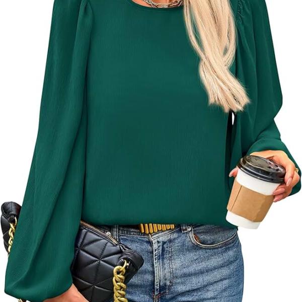 PRETTYGARDEN Womens Tops 2024 Lantern Long Sleeve Chiffon Work Blouses Dressy Casual Crewneck Flowy Shirts Fall Outfits