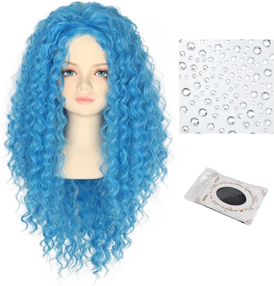 Miss U Hair Girls Long Curly Blue Wig Child Kids Cosplay Halloween Wig