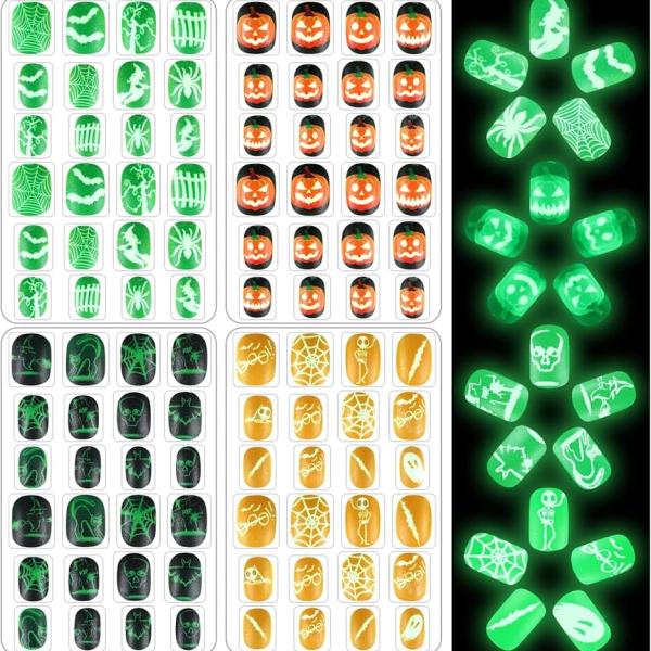 JANYUN 96 Pcs Halloween Luminous Kids Fake Nails False Nails Full Cover Glowing Stick on Nails with