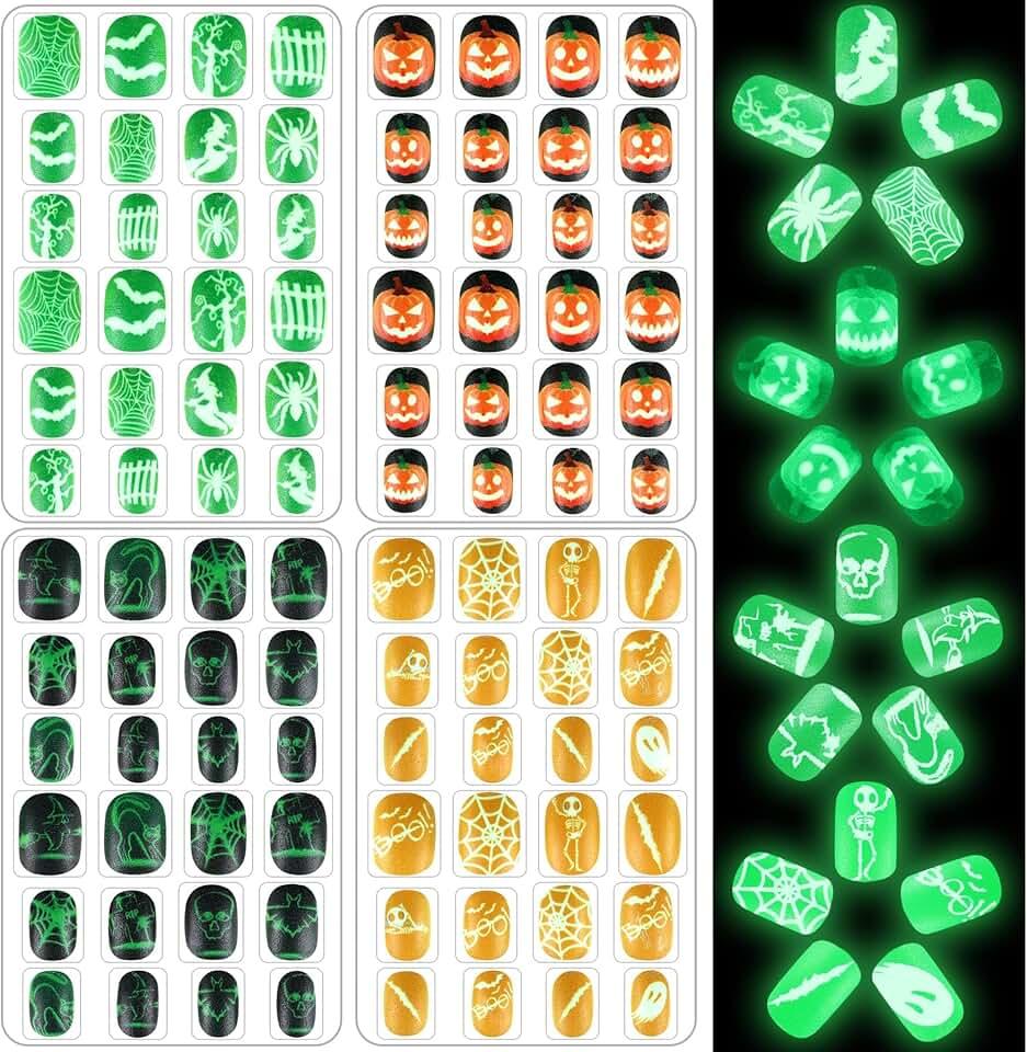 JANYUN 96 Pcs Halloween Luminous Kids Fake Nails False Nails Full Cover Glowing Stick on Nails with