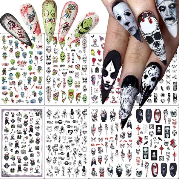 8 Sheets Halloween Nail Art Stickers 3D Punk Horror Gothic Nail Stickers Skull Goth Snake Evil Nail