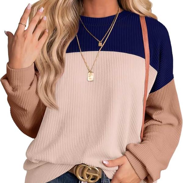 WIHOLL Womens Fashion 2024 Color Block Long Sleeve Crewneck Knitted Ribbed Shirts Tunic Tops Casual Loose