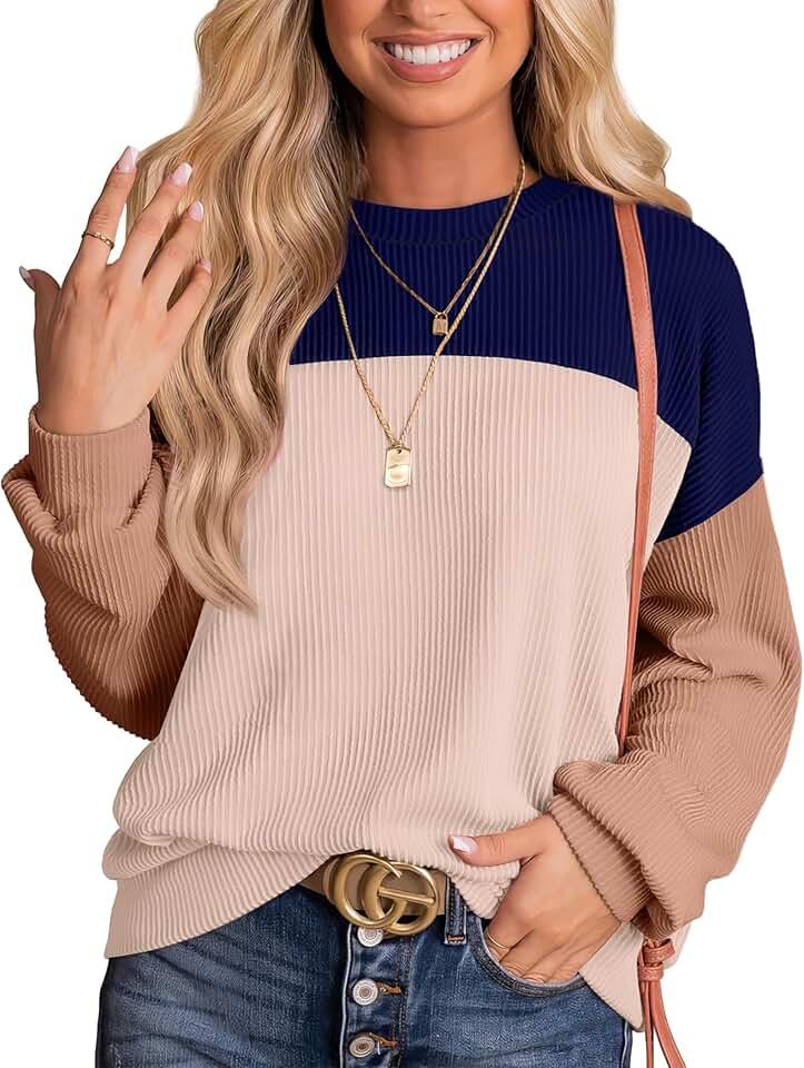 WIHOLL Womens Fashion 2024 Color Block Long Sleeve Crewneck Knitted Ribbed Shirts Tunic Tops Casual Loose