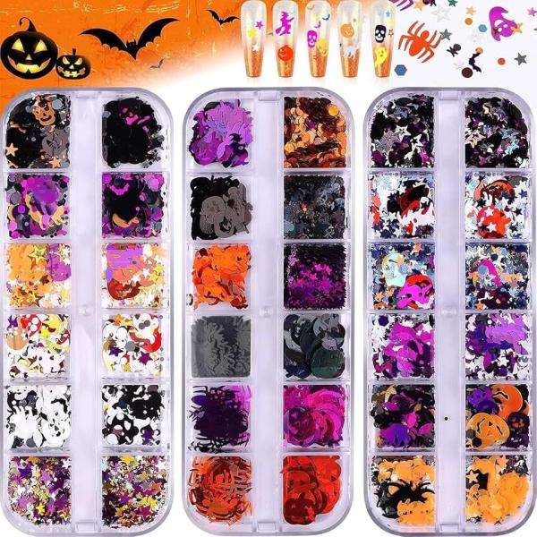 EBANKU 3 Boxes Halloween Nail Art Glitter Sequins, 3D Holographic Skull Spider Pumpkin Bat Ghost