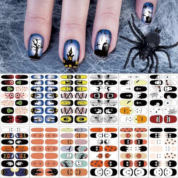 12 Sheets Halloween Full Nail Wraps Art Stickers, Nail Polish Strips Nail Decals DIY Self-Adhesive