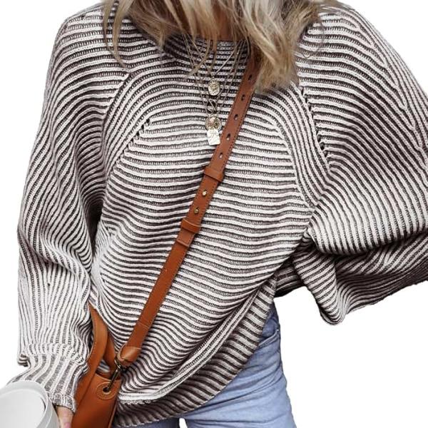 EVALESS Striped Sweaters for Women Boat Neck Batwing Sleeve Oversized Pullover Sweater Tops Womens Fall Clothes Outfits