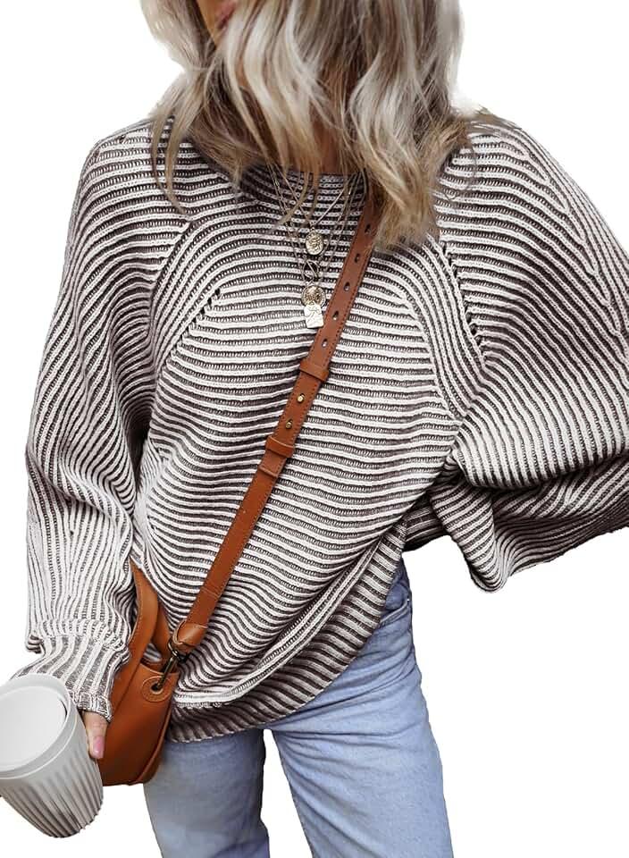 EVALESS Striped Sweaters for Women Boat Neck Batwing Sleeve Oversized Pullover Sweater Tops Womens Fall Clothes Outfits