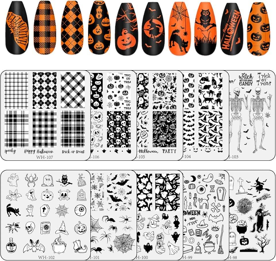 Whaline 10Pcs Halloween Nail Art Stamping Plate Kit Spooky Pumpkin Ghost Skull Plaid Design Nail