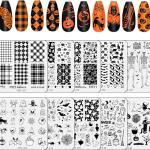 Whaline 10Pcs Halloween Nail Art Stamping Plate Kit Spooky Pumpkin Ghost Skull Plaid Design Nail