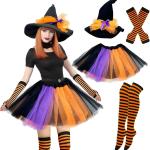 2024 Halloween Adult Witch Tutu Costume for Women, Simple Pumpkin Velvet Witch Hat Striped Socks &