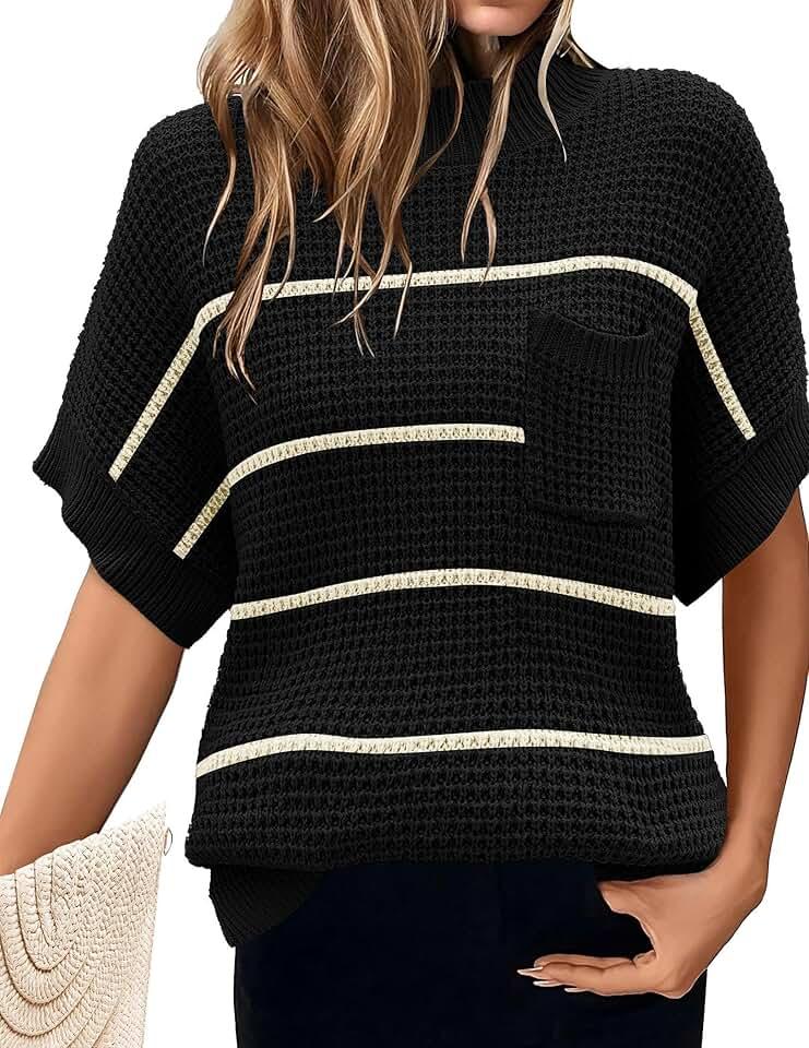 Women 2024 Sweater Vest Mock Neck Batwing Short Sleeve Oversized Ribbed Knit Tops Fall Pullover Sweater S-XXL