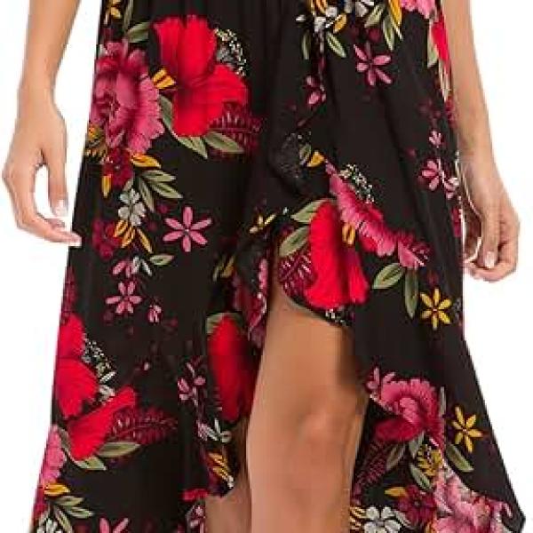 Womens Short Sleeve Floral High Low V-Neck Flowy Party Long Maxi Dress