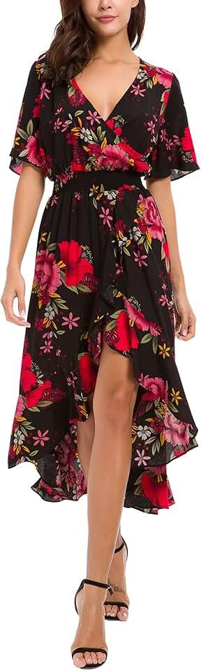 Womens Short Sleeve Floral High Low V-Neck Flowy Party Long Maxi Dress