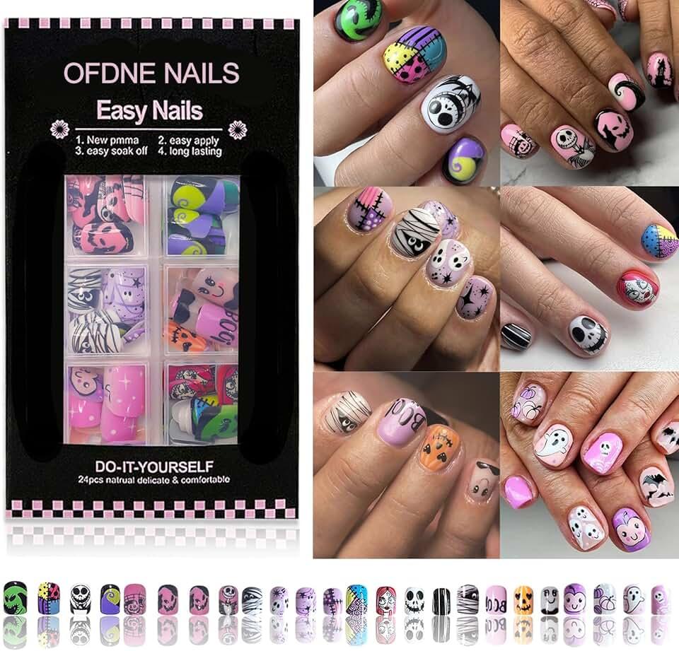 144 Pcs Halloween Press on Nails Kit Short Square Fake Nails 6 Styles False Nails with Designs