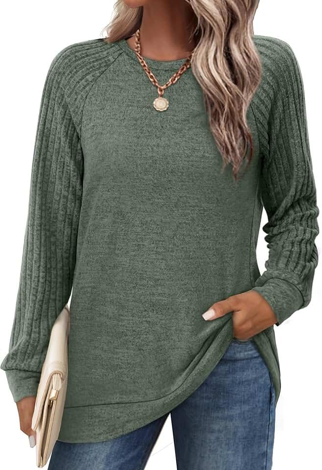 Saloogoe Tunic Sweatshirts for Women Crewneck Lightweight Sweaters Raglan Long Sleeve Shirts Fall Fashion Tops 2024