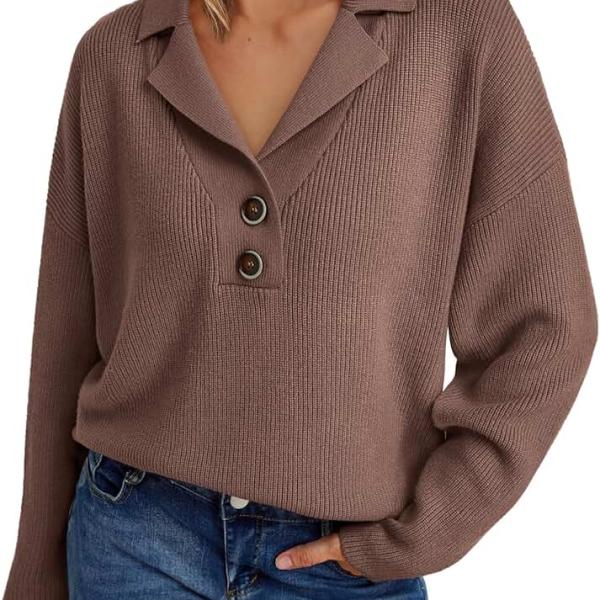 LILLUSORY Women's Snap-Buttons Foldover Collar Henley Knitted Pullover Sweater Tops