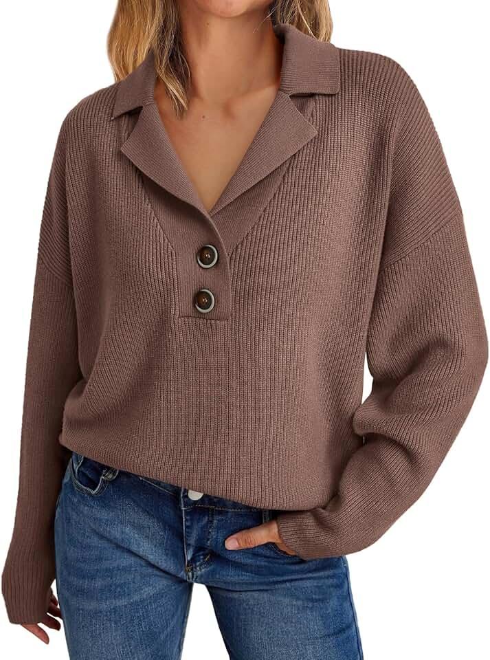 LILLUSORY Women's Snap-Buttons Foldover Collar Henley Knitted Pullover Sweater Tops