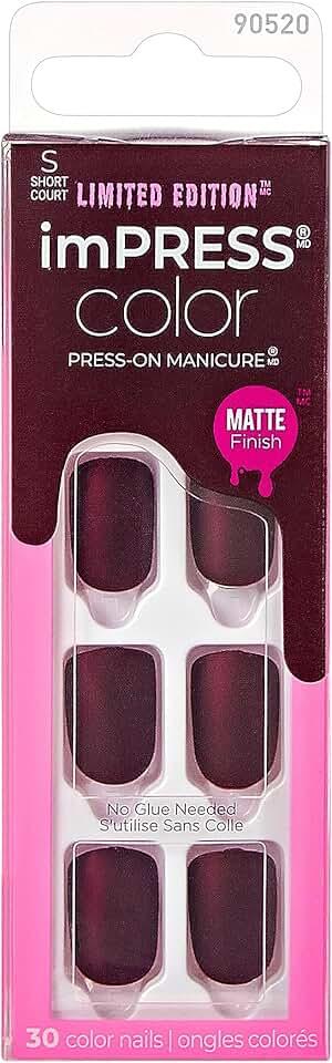 KISS imPRESS Color Press-On Manicure Halloween, Solid Red, Short Length, Square Shape, PureFit