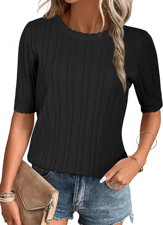 Arach&Cloz Womens Summer Tops 2024 Soft Spring Short Sleeve Casual Blouses Shirt Crewneck Fashion Knit Pullover Sweater