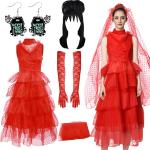 Lydia Deetz Costume Dress for Women Girls, 5PCS Bride Red Wedding Dress with Wig Gloves Veil, 80s