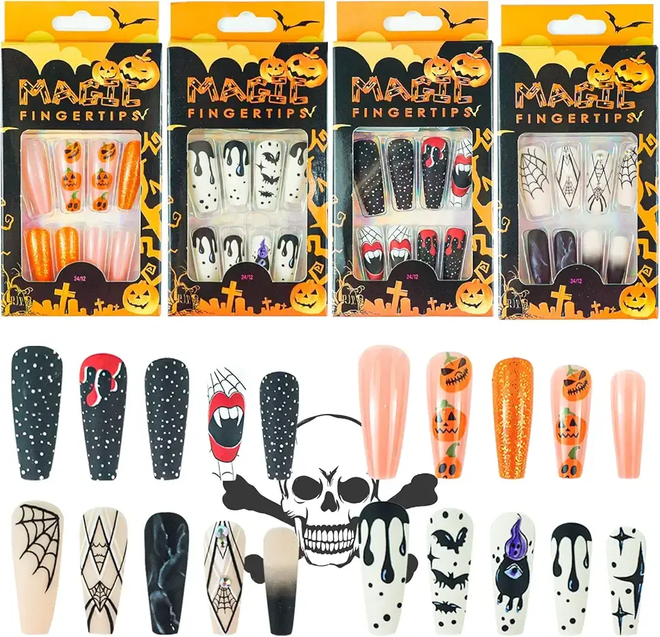 96 Pcs Halloween Press on Nails, Wsimily Halloween Long Coffin Acrylic Artificial False Nails Fake