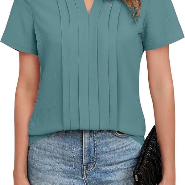 Blooming Jelly Women's Dressy Casual Blouses Business Work Tops Short Sleeve V Neck Pleated T Shirts 2024 Summer Outfits