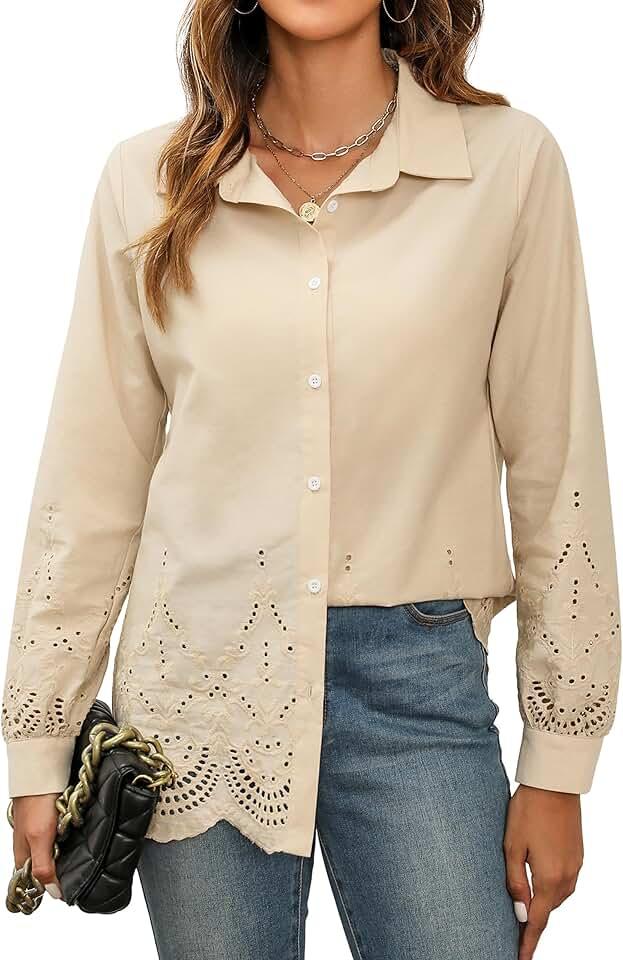 Blooming Jelly Women's Business Casual Tops Button Down Long Sleeve Shirts Collared Embroidered Blouses 2024 Fall Outfits