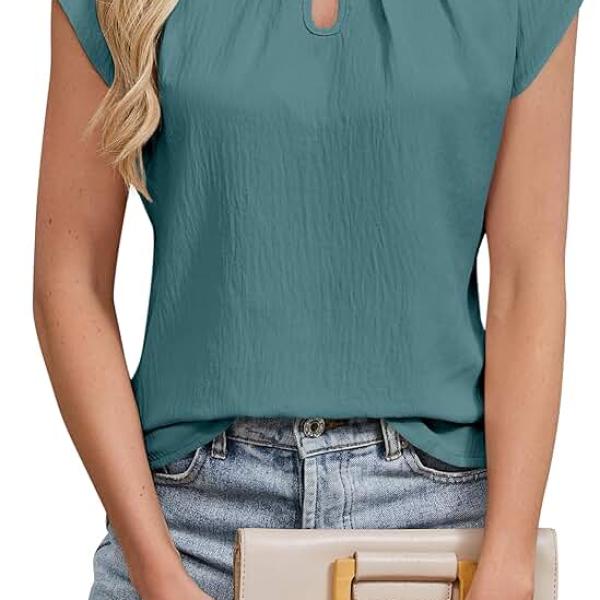 Blooming Jelly Women's Dressy Casual Blouses Business Short Sleeve T Shirts Summer Work Top Pleated Keyhole Shirts