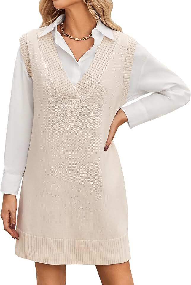 Women's Oversized Sweater Vest Dress V Neck Knit Pullover Sweater Vest Sleeveless Sweater Loose Casual Vest Dress