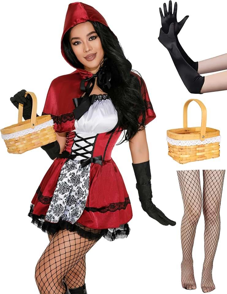 Womens Red Costume Dress with Cape Basket Gloves Stocking 5pcs