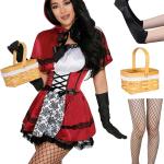 Womens Red Costume Dress with Cape Basket Gloves Stocking 5pcs