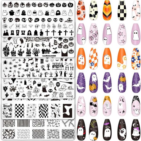 Whaline 6Pcs Halloween Nail Plates Stamping Set Pumpkin Ghost Skull Stamp Templates Nail Art Plates