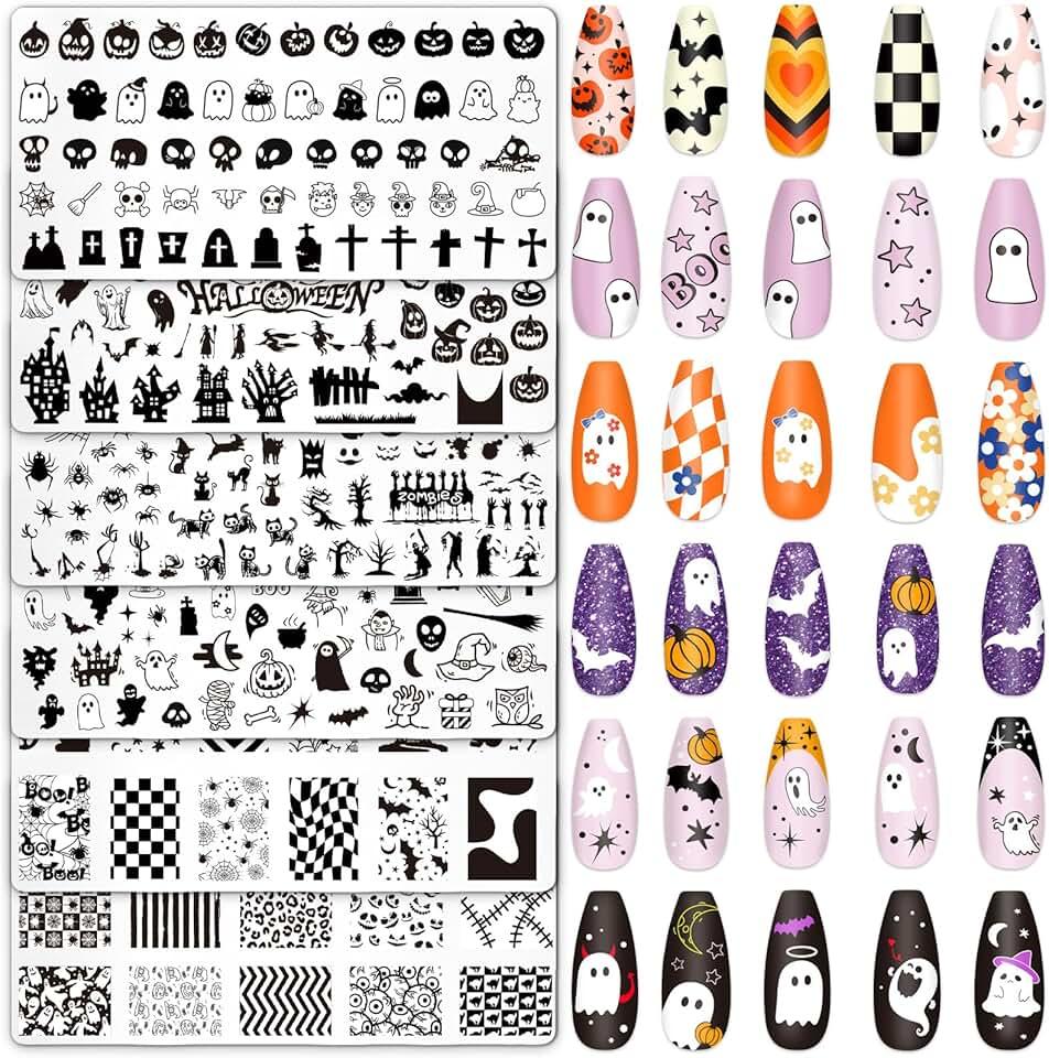 Whaline 6Pcs Halloween Nail Plates Stamping Set Pumpkin Ghost Skull Stamp Templates Nail Art Plates