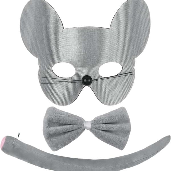 Mouse Ears Halloween Costume with Mask,Tie,Tail and Glove for Rat Mouse Costume Grey Pink for Adult