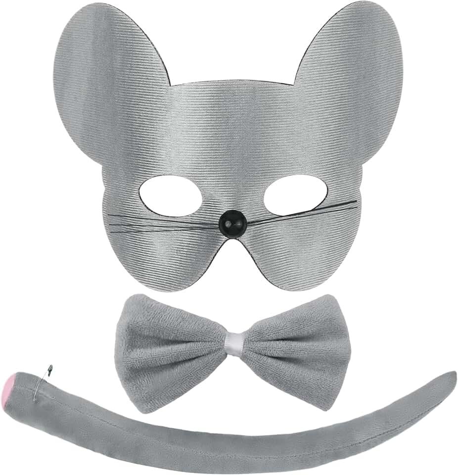 Mouse Ears Halloween Costume with Mask,Tie,Tail and Glove for Rat Mouse Costume Grey Pink for Adult