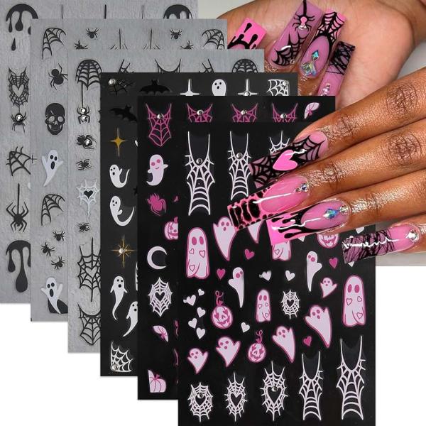 6Pcs Halloween Nail Stickers 3D Self-Adhesive Pink White Ghost Nail Decals Funny Spider Web Nail