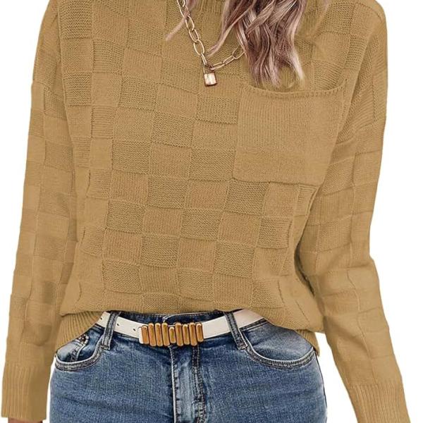 Women Lightweight Sweaters Crewneck Long Sleeve Block Knit Pullover Shirts Tunic Tops with Pocket