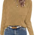 Women Lightweight Sweaters Crewneck Long Sleeve Block Knit Pullover Shirts Tunic Tops with Pocket