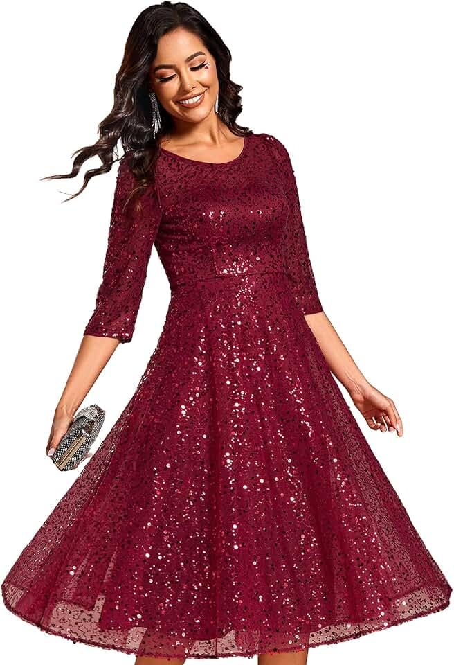 Women's Round Neck 3/4 Sleeves Formal Dresses Sequin A Line Midi Wedding Guest Dress 02241