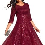 Women's Round Neck 3/4 Sleeves Formal Dresses Sequin A Line Midi Wedding Guest Dress 02241