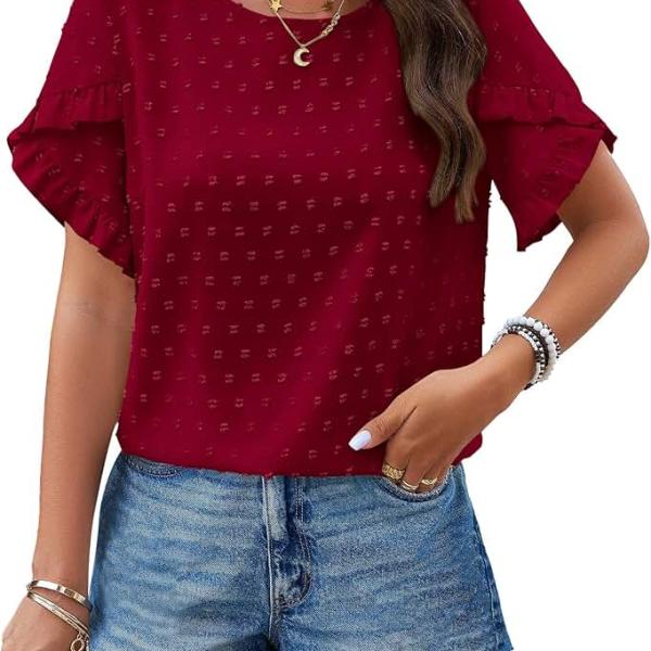 PRETTYGARDEN Women's Tops 2024 Summer Ruffle Short Sleeve Crewneck Blouses Swiss Dots Solid Loose Tunics Work Shirts