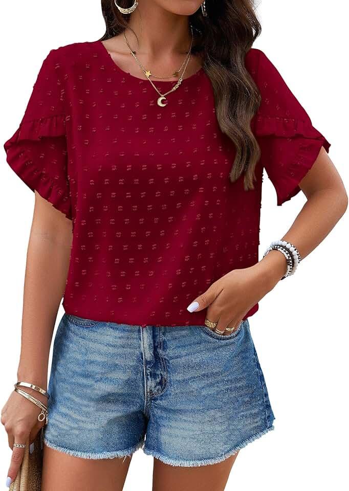 PRETTYGARDEN Women's Tops 2024 Summer Ruffle Short Sleeve Crewneck Blouses Swiss Dots Solid Loose Tunics Work Shirts