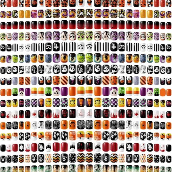 384 Pcs 16 Pack Halloween Press on Nails Halloween Short Fake Nails Square False Nails Plastic