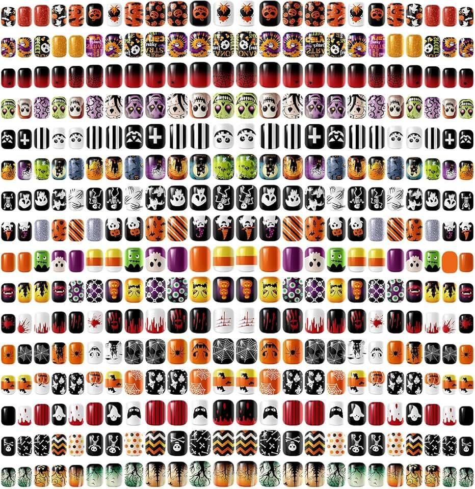 384 Pcs 16 Pack Halloween Press on Nails Halloween Short Fake Nails Square False Nails Plastic