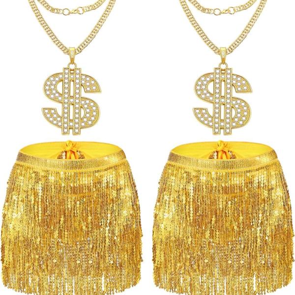 2 Set Sequin Skirt Gold Necklace for Gold Digger Costume Fringe Skirt Belly Dance Rave Disco