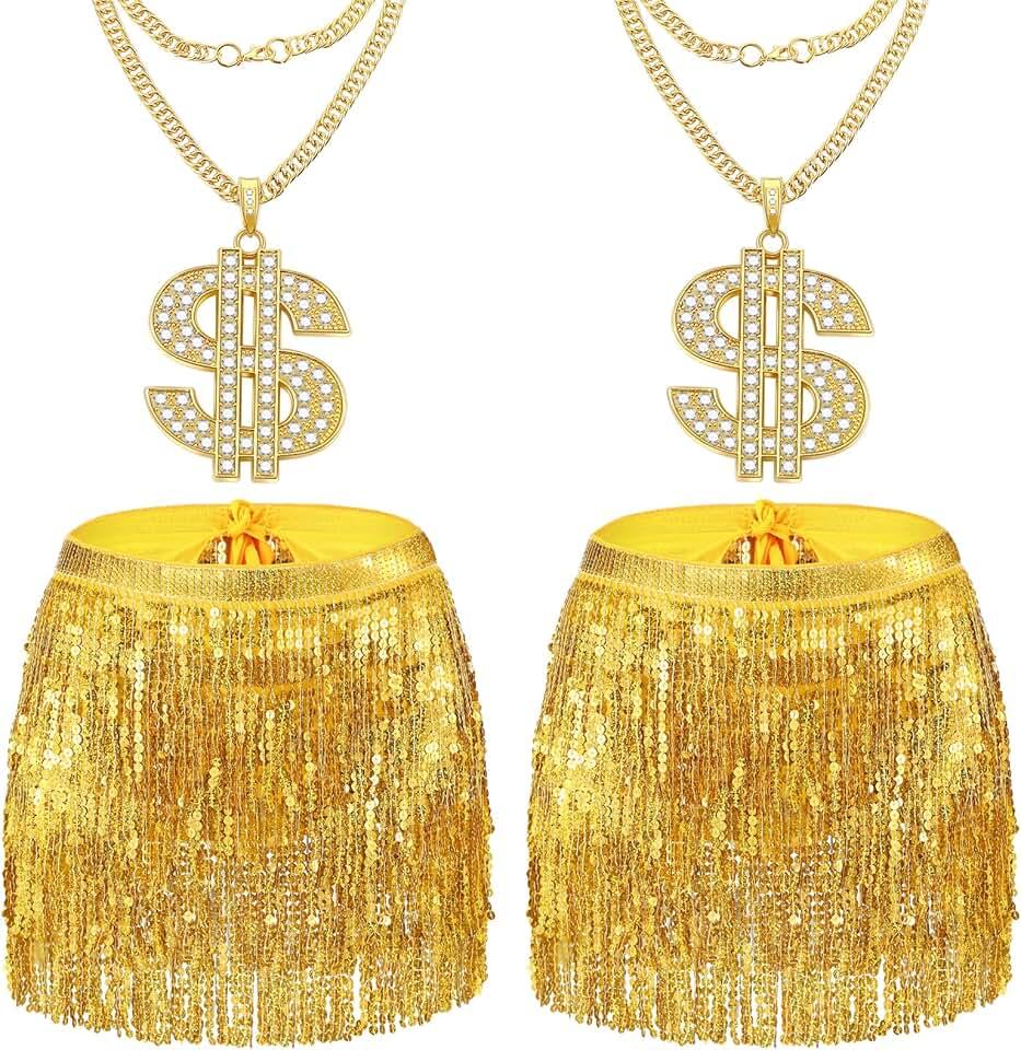 2 Set Sequin Skirt Gold Necklace for Gold Digger Costume Fringe Skirt Belly Dance Rave Disco