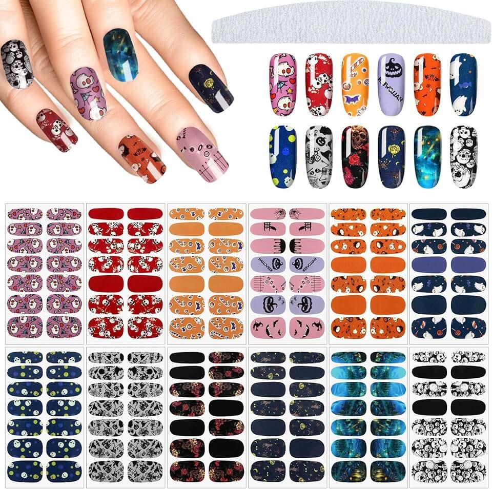 Maitys 168 Pieces Halloween Skull Full Wrap Nail Stickers DIY Gothic Nail Polish Strips Stickers