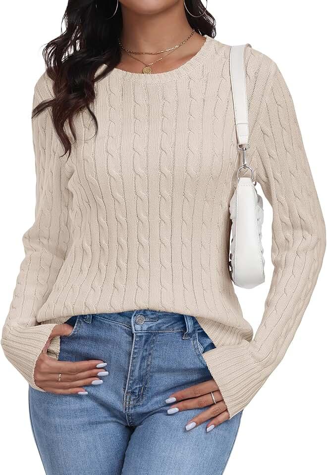 ANRABESS Womens Long Sleeve Cable Knit Sweater Jumper Crewneck Pullover Soft Dressy Casual Tops Cute 2024 Fall Trendy Outfits