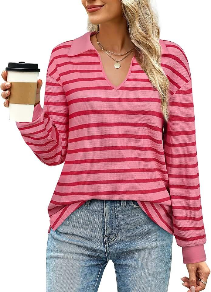 Vivilli Women Waffle Knit Tops Striped Long Sleeve Polo Shirts Fall Business Casual Blouses Work Tops Collared Tunic tops